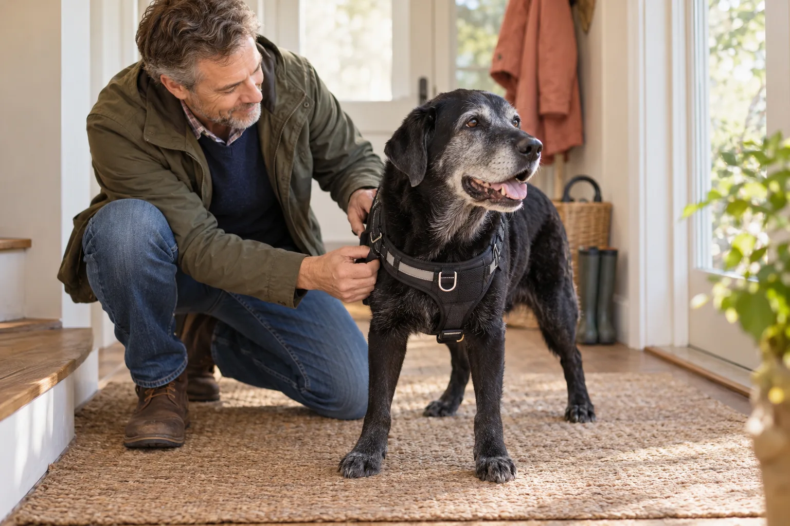 Owner fastening a walking harness on a gray-muzzled black dog in a home entryway