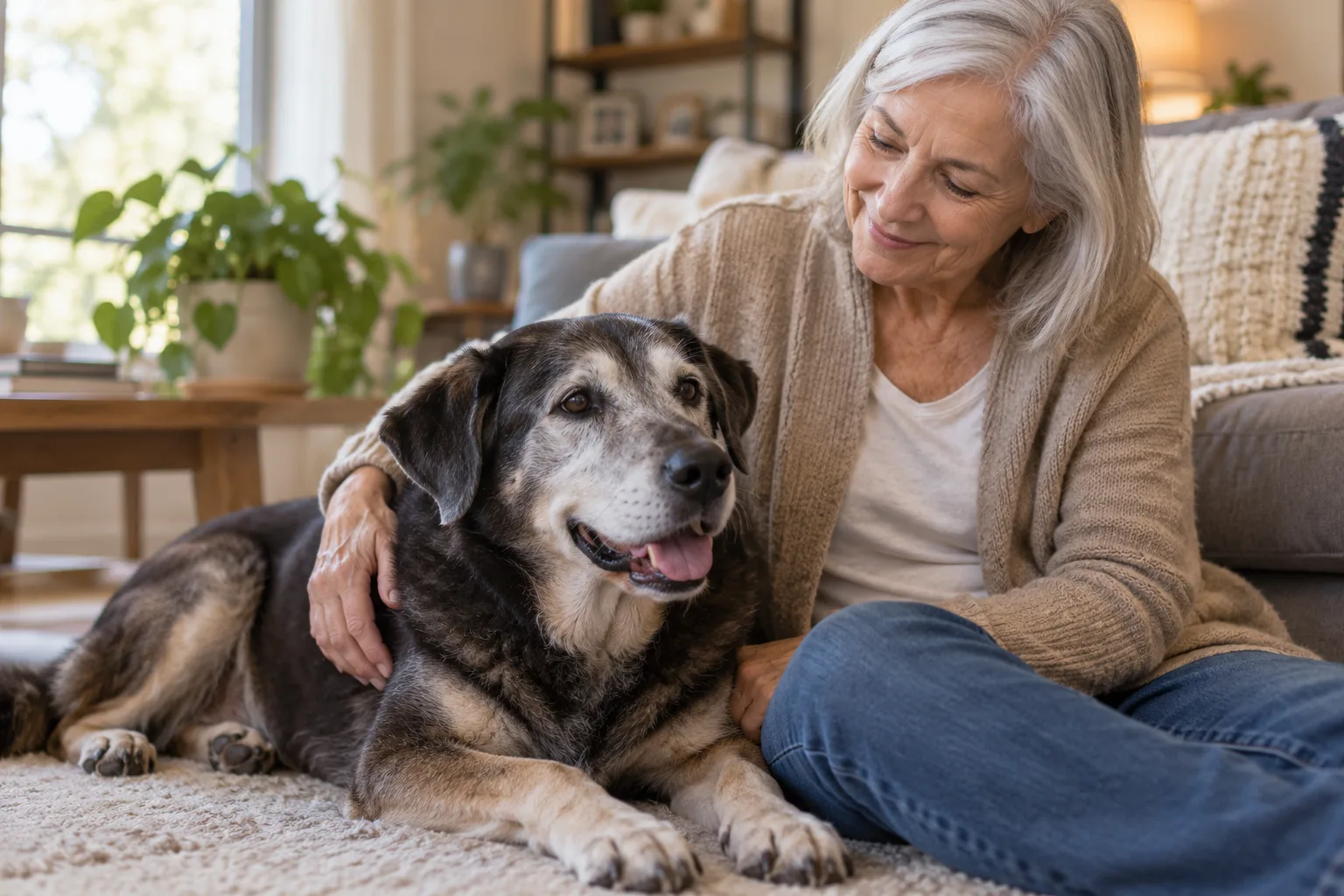 Older-looking dog relaxing next to an owner on a sofa